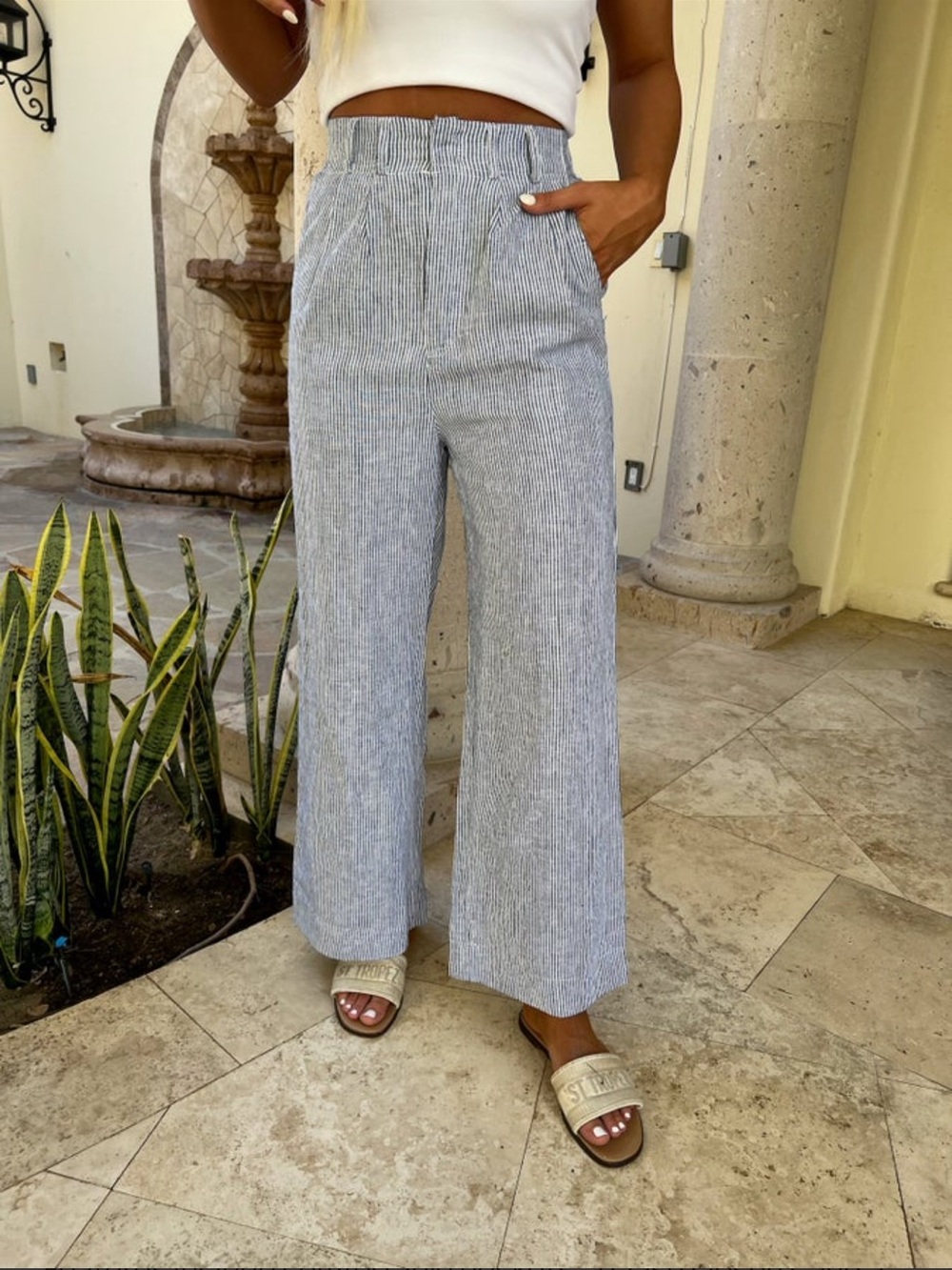 Striped Light Blue Cropped Wide-Leg Pants - Women